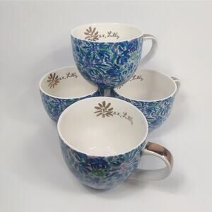 Lilly Pulitzer Floral Cat Mugs Blue Flower Cup Set Gold Handle Ceramic 4 Piece